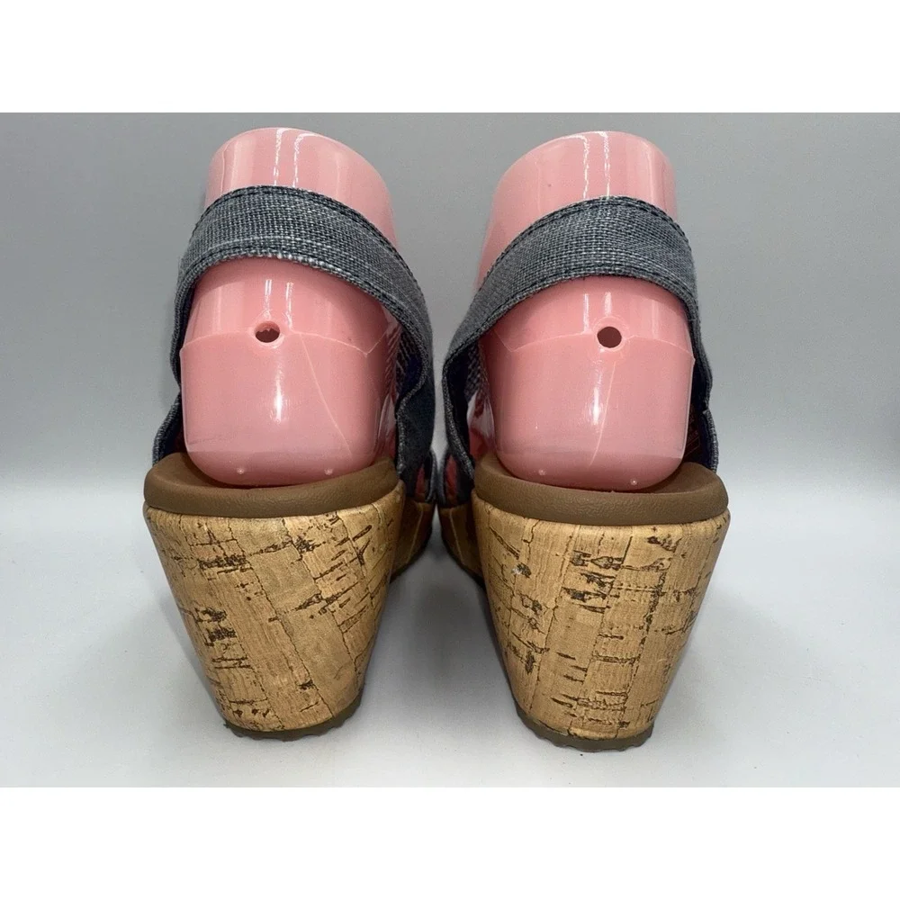 Skechers Luxe Foam Beverlee Blue Shimmer‎ Strappy Open Toe Cork Wedges Sz 7.5